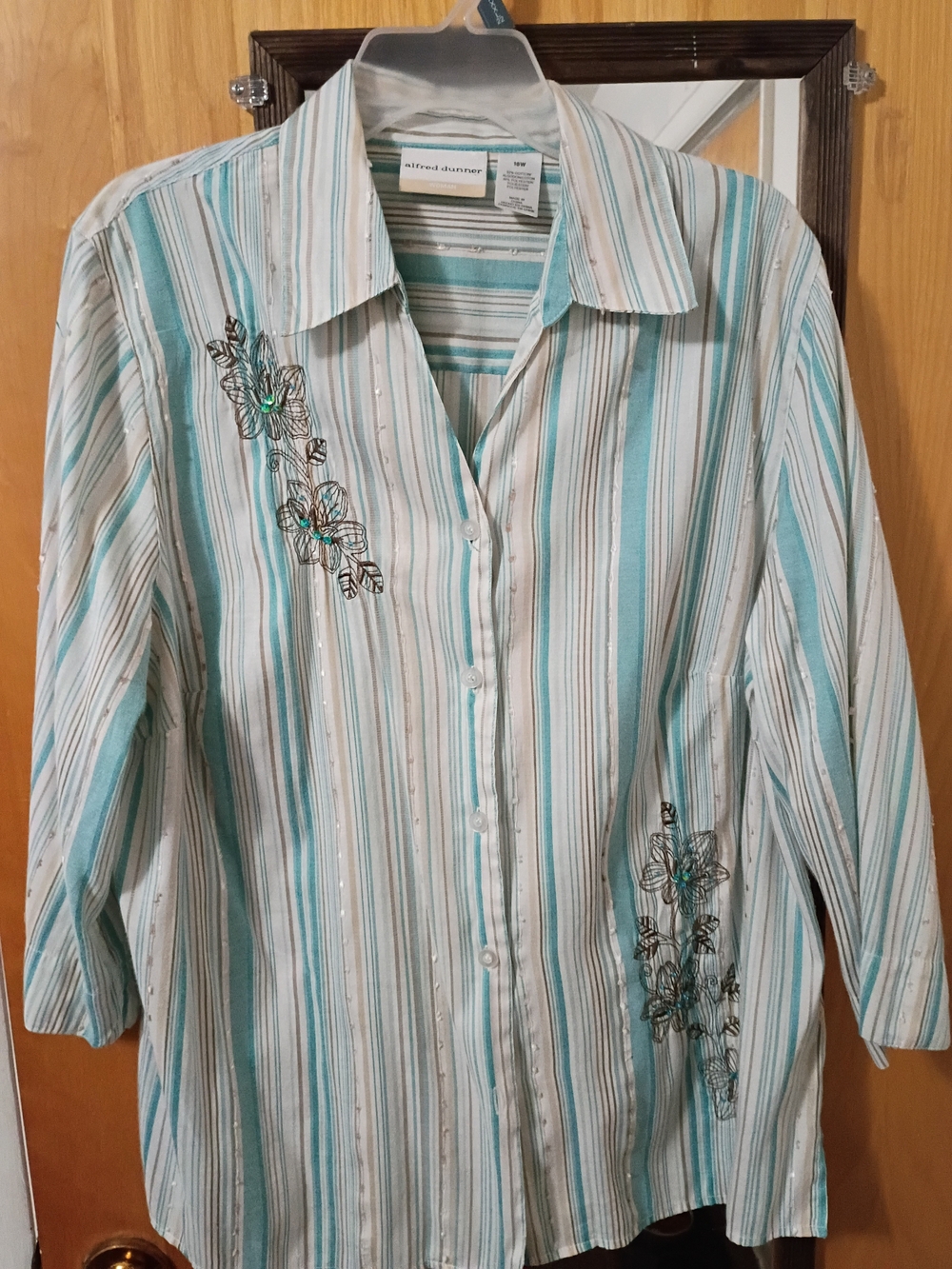 Alfred Dunner Teal, White & Cream Striped Button-Down Shirt